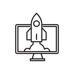 Website and Rocket Launch thin line icon, startup concept, Site launch sign on white background, rocket launching from tablet icon in outline style for mobile and web design. Rocket Computer Icon