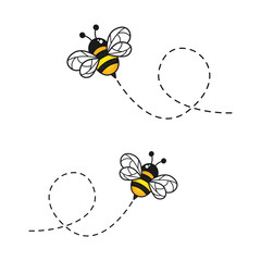 Bee character. Cute flying bees with dotted route. Vector cartoon insect illustration. Isolated on white