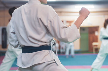 Kids training on karate-do.  The karate fighter prepares to strike with his hand. Photo without faces. © Uladzimir
