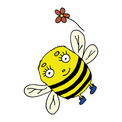 funny bee with a flower. Vector illustration. Isolated. Coloring pages for adults and children. Cartoon. Hand-drawn doodle style. Can be used in your projects in banners and posters.