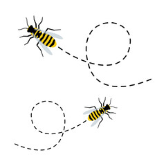 Bee character. Cute flying bees with dotted route. Vector cartoon insect illustration. Isolated on white