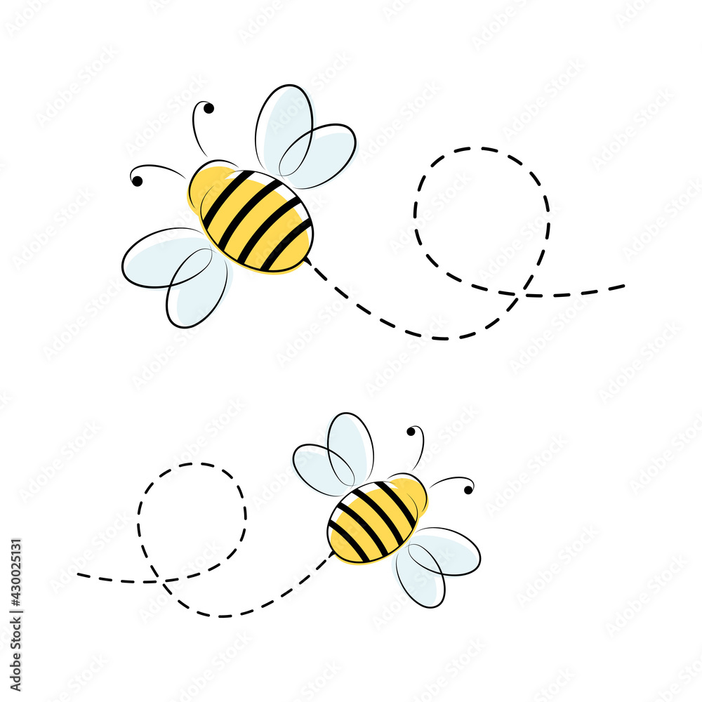 Poster Bee character. Cute flying bees with dotted route. Vector cartoon insect illustration. Isolated on white