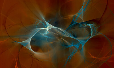 Fantastic abstract background in aqua blue and orange colors. Smooth wavy dynamic 3d substance, plasma or glowing electrical discharge. Steam or witchcraft.  Magic and mystical surface or matter. 