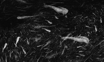 Abstract fiery vortex or funnel of gray dust or rubbish on black. White particles in tornado motion. Monochromatic dynamic artistic hurricane of garbageor trash. Great as texture or overlay.