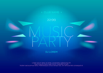 Obraz premium Horizontal music party poster with color graphic elements, bright blue background and text. Vector illustration.