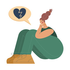 Tired woman sits in depression and frustration with cloud with a broken heart. Tired woman is state of emotional burnout or mental disorder. Vector illustration isolated on white background.