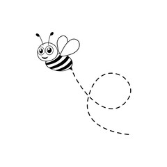 Bee flying on a dotted route. Cute bee character. Vector illustration isolated on the white background