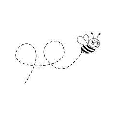 Bee flying on a dotted route. Cute bee character. Vector illustration isolated on the white background