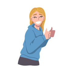 Happy Smiling Girl Showing Thumbs up Gesture, Young Woman Feelings, Positive Human Emotions Concept Cartoon Vector Illustration