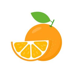 Orange vector fruit. Fresh orange icon. Fruit citrus with slices. Isolated on white.