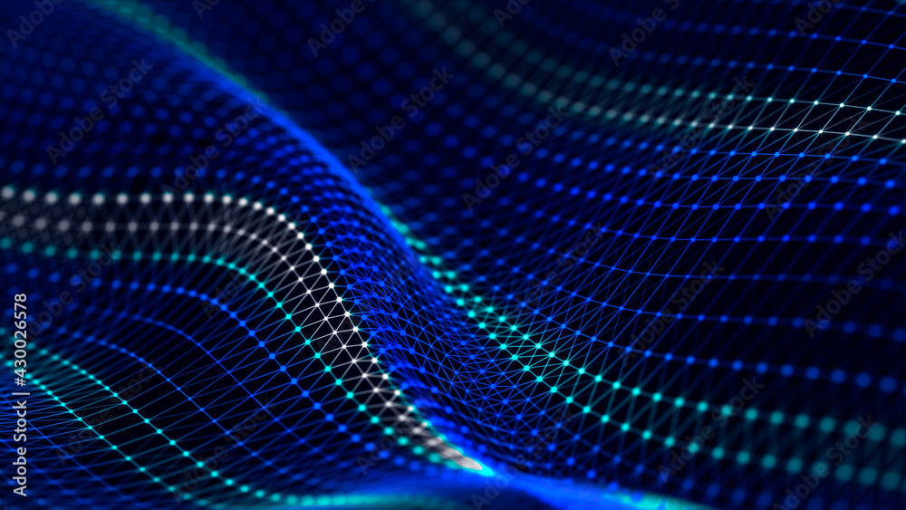 Leinwandbilder Abstract futuristic wave background. Network connection dots and lines. Digital structure. 3d rendering.