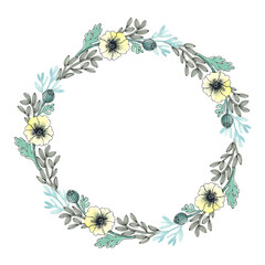 Watercolor and black ink line floral wreath. Hand drawn botanical circle illustration. Floral background, card, invitation, wallpaper, label