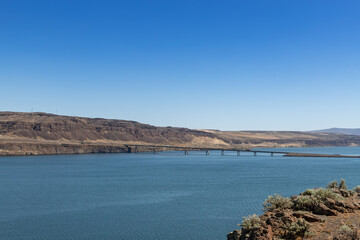 Vantage WA USA, 04-16-2021: I-90 Bridge Over Wanapum Lake as traffic travels east and west bound view from Ginko State park