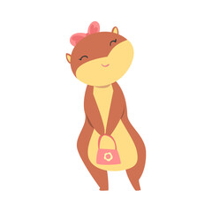 Cute Funny Hamster Girl Standing with Pink Bag, Adorable Animal Character Cartoon Vector Illustration