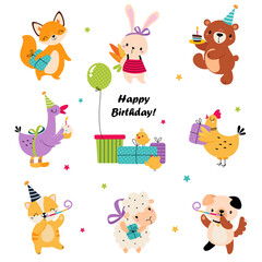 Happy Birthday Concept, Adorable Baby Animal Celebrating Holiday, Baby Shower Design Element Cartoon Vector Illustration
