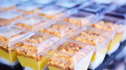 Napalion cake, pie, layered cake, cake napoleon piece of cake in glasses. Shallow dof.
