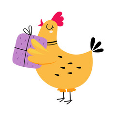 Happy Birthday Concept, Adorable Hen Bird Holding Present Box, Baby Shower Celebration Element Cartoon Vector Illustration