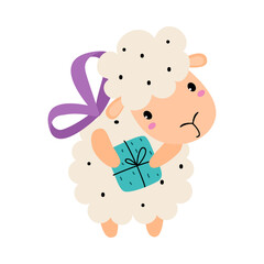 Happy Birthday Concept, Adorable Sheep Baby Animal Holding Present Box, Baby Shower Celebration Element Cartoon Vector Illustration