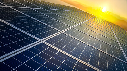 photovoltaic cell on a huge set of solar panel during beautiful sunset to generate clean, renewable...