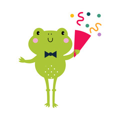 Happy Birthday Concept, Adorable Frog Baby Animal With Party Cracker, Baby Shower Celebration Element Cartoon Vector Illustration