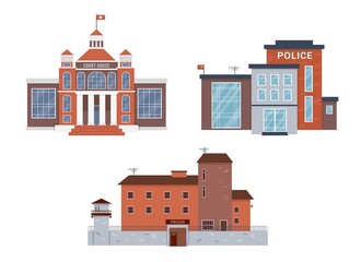 Facades of court house, police station and prison