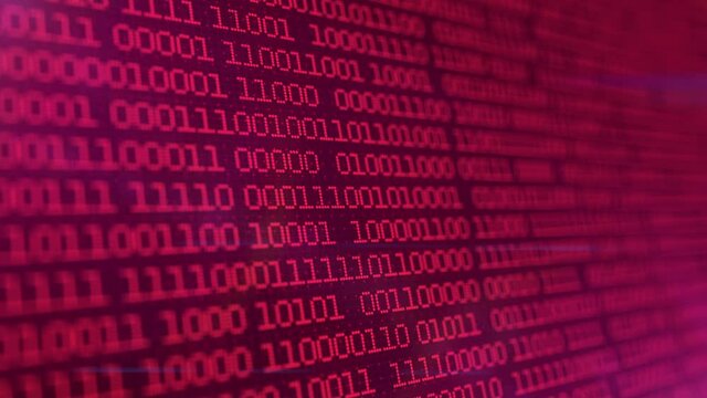 Columns of crimson binary code digital symbols. Futuristic big data information technology concept. Computer generated animation.