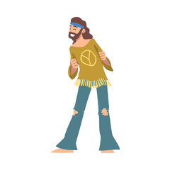 Hippie Man Character, Happy Bearded Man Wearing Retro Style Clothing Dancing Cartoon Vector Illustration