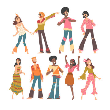 Hippie People Set, Happy Young Men and Women in Retro Style Clothing of 70s Dancing at Party Cartoon Vector Illustration