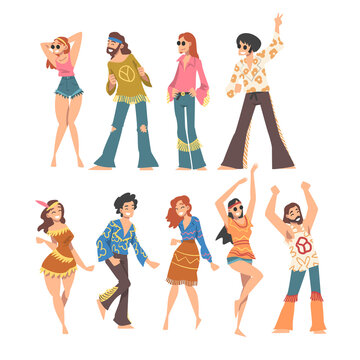 Hippie People Characters Set, Young Men and Women Wearing Retro Style Clothing of 70s Happily Dancing at Party Cartoon Vector Illustration