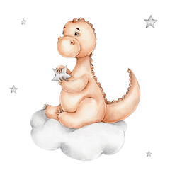 Cute cartoon dinosaur with star sitting on the cloud; watercolor hand drawn illustration; can be used for baby shower or postcards; with white isolated background