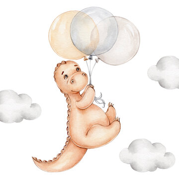 Cute cartoon dinosaur flying with balloons; watercolor hand drawn illustration; can be used for baby shower or postcards; with white isolated background