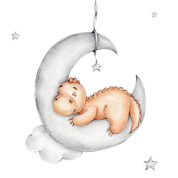Cute cartoon dinosaur sleeping on the moon; watercolor hand drawn illustration; can be used for baby shower or postcards; with white isolated background