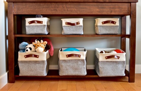Easy simple child's toy storage in living room or bedroom for modern look and and quick clean up. Photo background, lifestyle, house and home