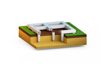 pier and beam foundation, isolated computer generated industrial 3D illustration