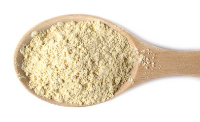 Chickpea flour pile with wooden spoon isolated on white background, top view