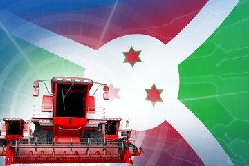 Digital industrial 3D illustration of red modern rye combine harvesters on Burundi flag, farming equipment modernisation concept