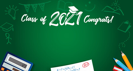 Class of 2021 Congrats text and school colored pencils on green blackboard. Vector illustration Class of 2021 year in academic cap and hand drawn chalk education icons on chalkboard