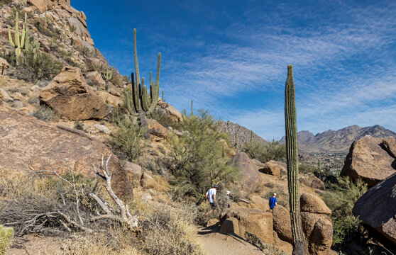 Hikers On Pinnacle Peak Hiking Trail In Scottsdale, AZ