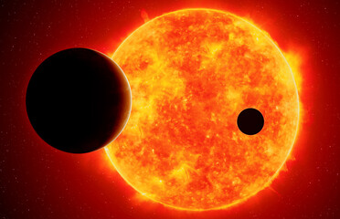 Two exoplanets against red dwarf, elements of this image furnished by NASA - Powered by Adobe