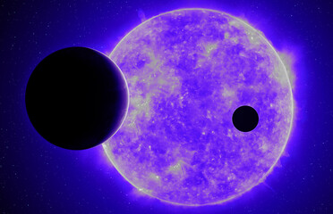 Obraz na płótnie Canvas Two exoplanets against purple sun, elements of this image furnished by NASA