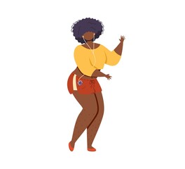 Happy and free african american woman listening to music in headphones and dancing.Female flat character isolated on white background. Vector illustration.