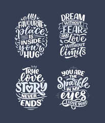 Set with slogans about love in calligraphy style. Vector abstract lettering compositions. Trendy graphic design for print. Motivation posters. Quotes for Valentine's Day.