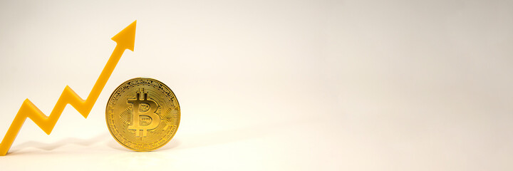 Bitcoin price. Cryptocurrency rate on the price chart, the arrow points up. On white background copy space
