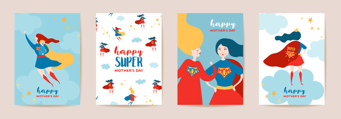 Fototapeta na wymiar Mothers Day Greeting Cards with Super Mom. Superhero Mother Character in Red Cape Design Template