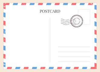 Postcard template. Paper blank postal card backside with stamp and striped frame. Empty vintage mail white letter for message vector mockup - obrazy, fototapety, plakaty
