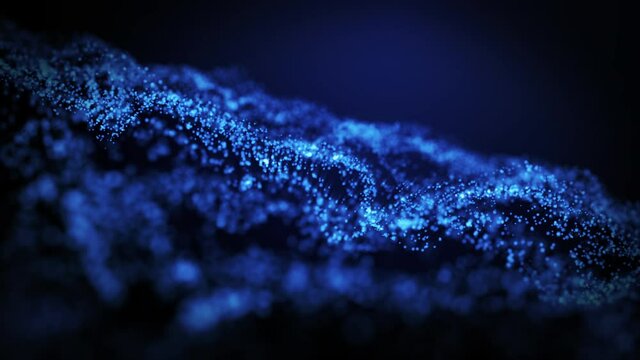 DIGITAL abstract animation pf blue GLITTERING PARTICLES on VIRTUAL SPACE background. Illuminating particle. Motion GRAPHIC colourful DESIGN