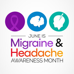 National Migraine and headache awareness month is observed every year in June. it is usually a moderate or severe headache felt as a throbbing pain on one side of the head. Vector illustration.