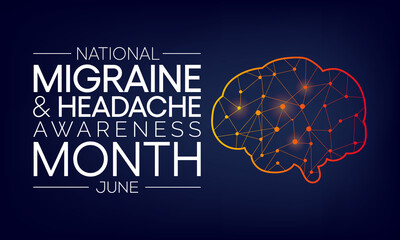 National Migraine and headache awareness month is observed every year in June. it is usually a moderate or severe headache felt as a throbbing pain on one side of the head. Vector illustration.