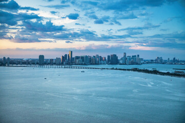 Sunset view of Miami skyline from helicopter