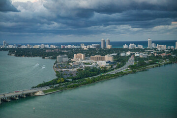 Sunset view of Miami skyline from helicopter